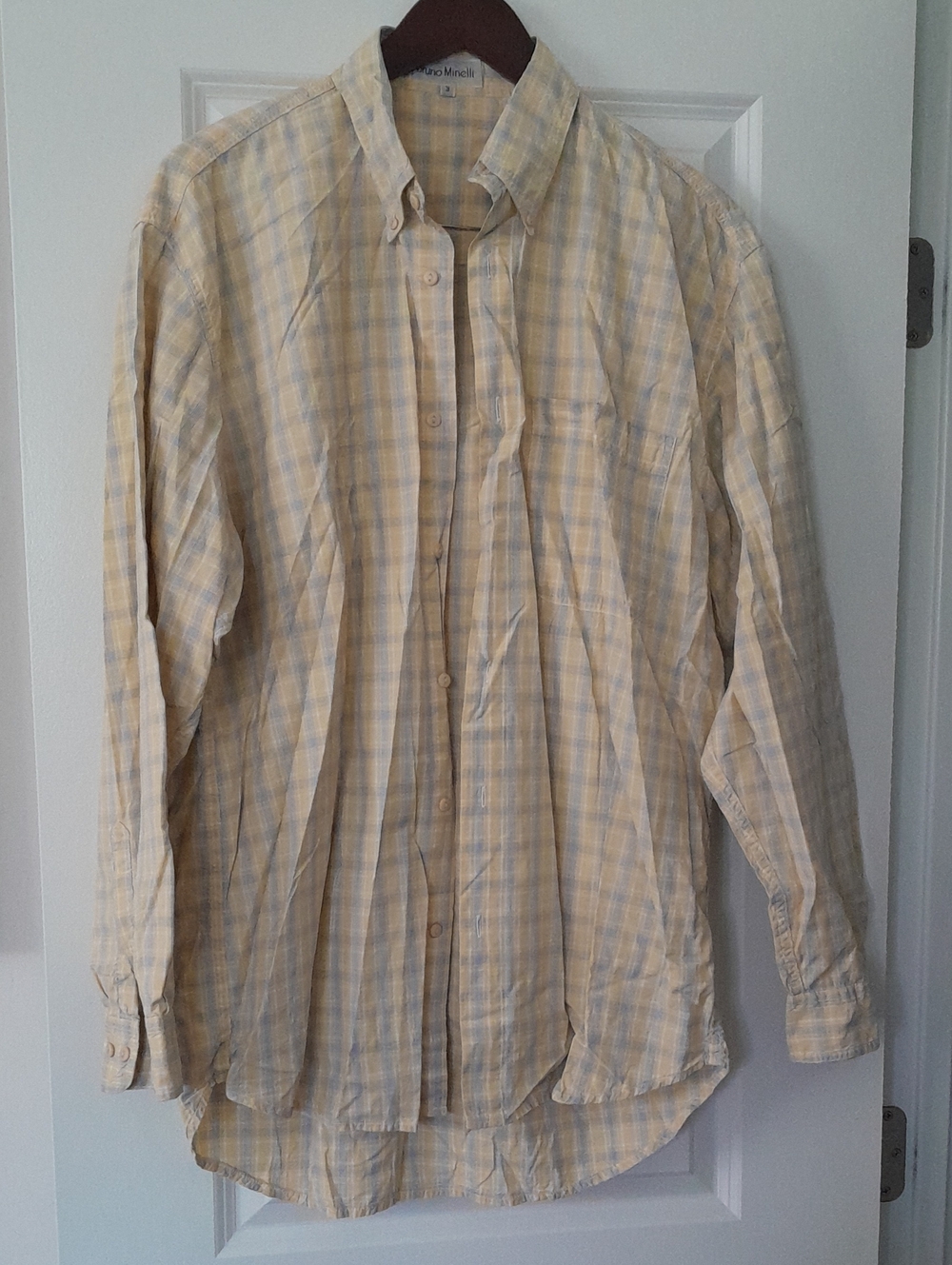 Bruno Magli Men's Light Yellow and Pale Blue Plaid Button-Down Shirt